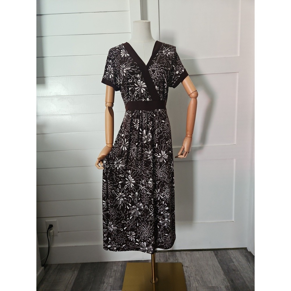 Susan Lawrence Brown Floral Print Midi Dress M Y2K Empire Waist V-Neck